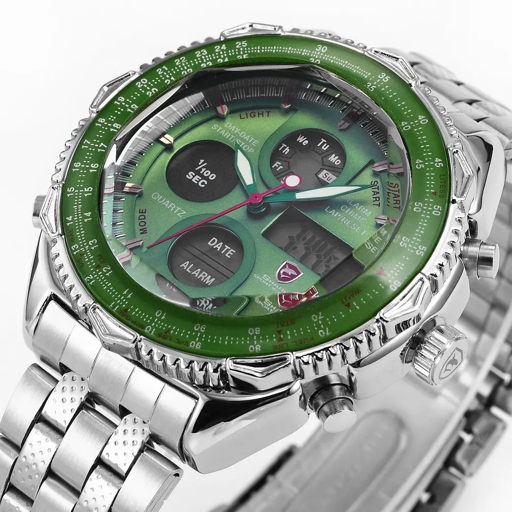 Green SH112 Бренд Акула Часы Мужчины Аналоговое Дисплей Дня и Даты Серебряный Ремешок из Нержавеющей Стали Будильник Хронограф Черный Белый Циферблат Корпус Спортивные Кварцевые Водонепроницаемые Наручные Мужские Часы /SH111 - Цвет: Green SH112