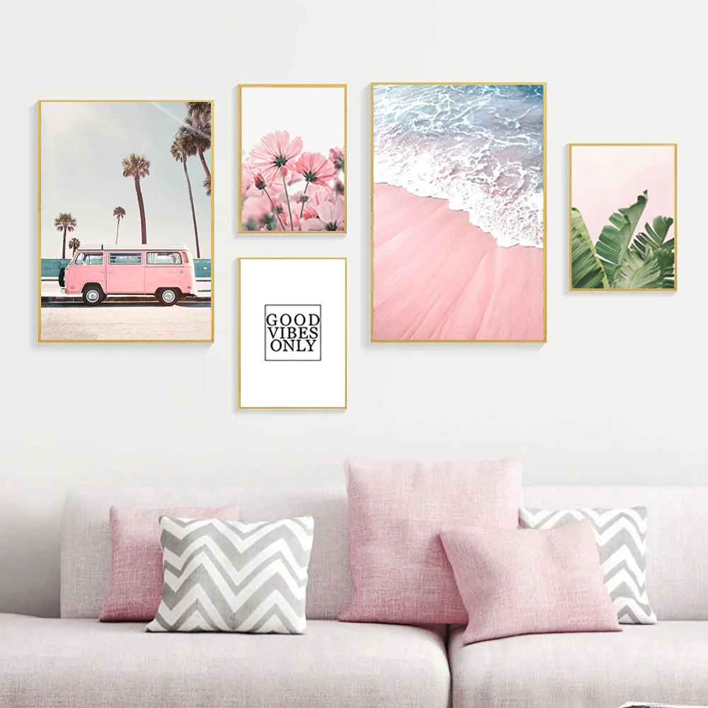 Абстрактные плакаты и принты розовые цветы зеленые растения пляж плакат печать