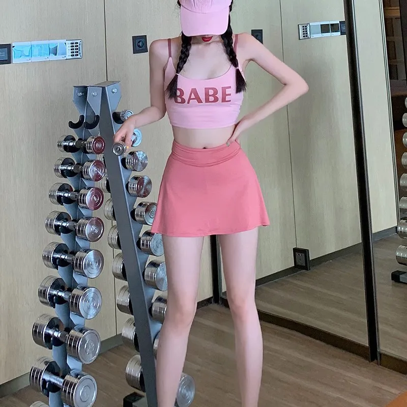 

Summer Women's Two Piece Set Casual Sports Suit Running Suit Pink Shorts Skirt