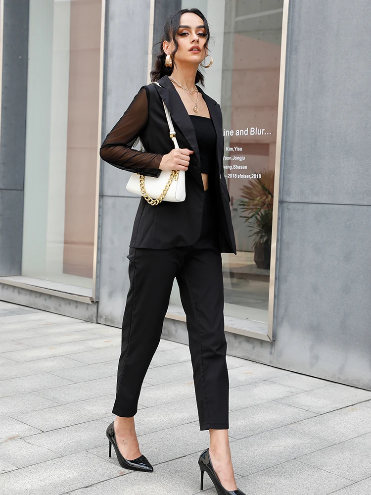 

Женский брючный костюм из 2 предметов, однотонный однобортный костюм с блейзером и длинными брюками, брюки с высокой талией, осень 2021