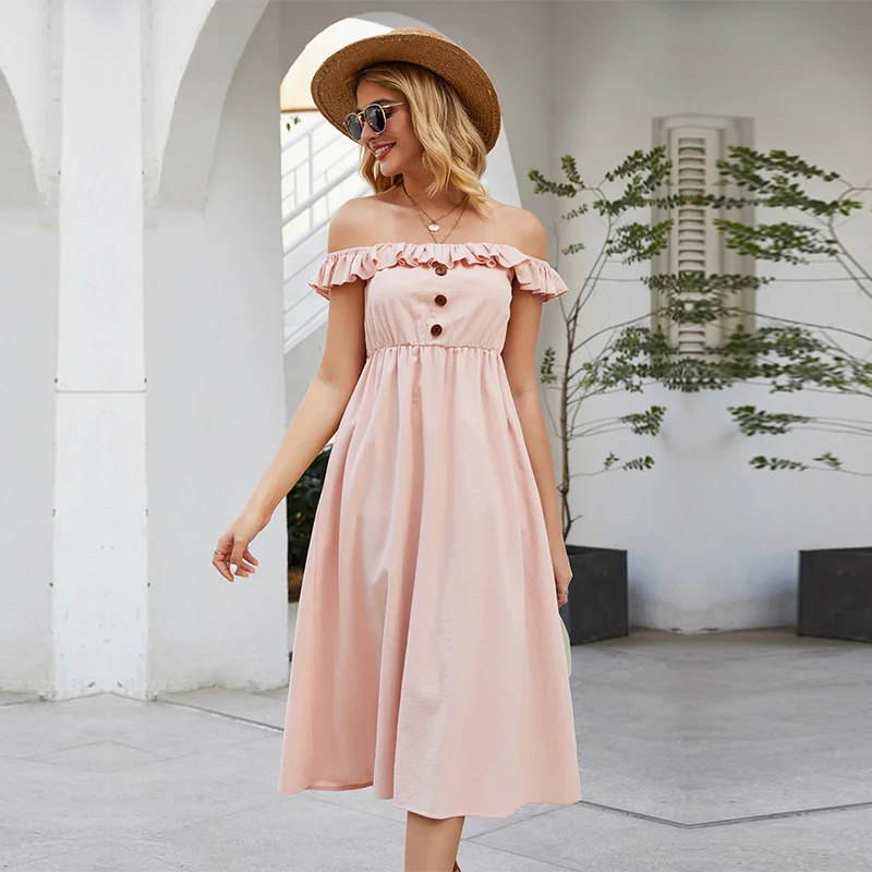Женское Хлопковое платье с открытыми плечами элегантное однотонное