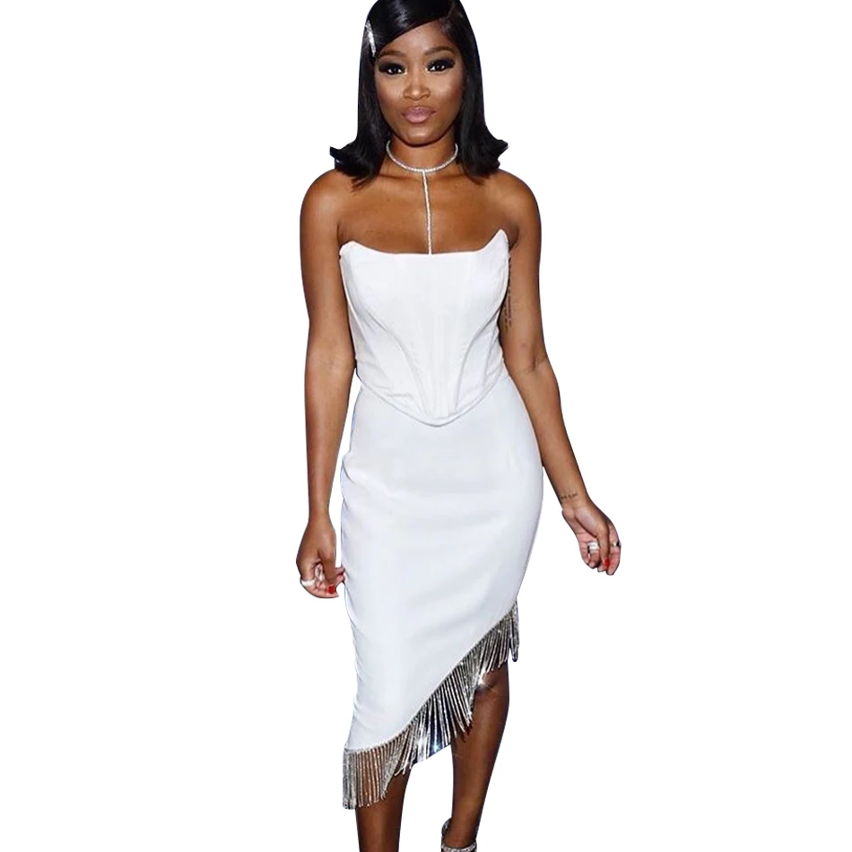 

Off Shoulder Strapless Sexy Women Bandage Dress Sleeveless Straight Mid-Calf Dress Backless Casual Sexy Summer Party White Dress