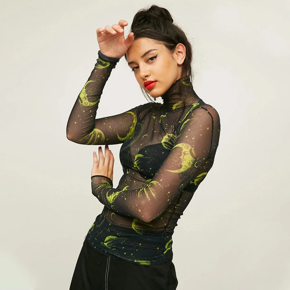 Прозрачные Забавные футболки женщин Тонкая Повседневная Уличная одежда длинным