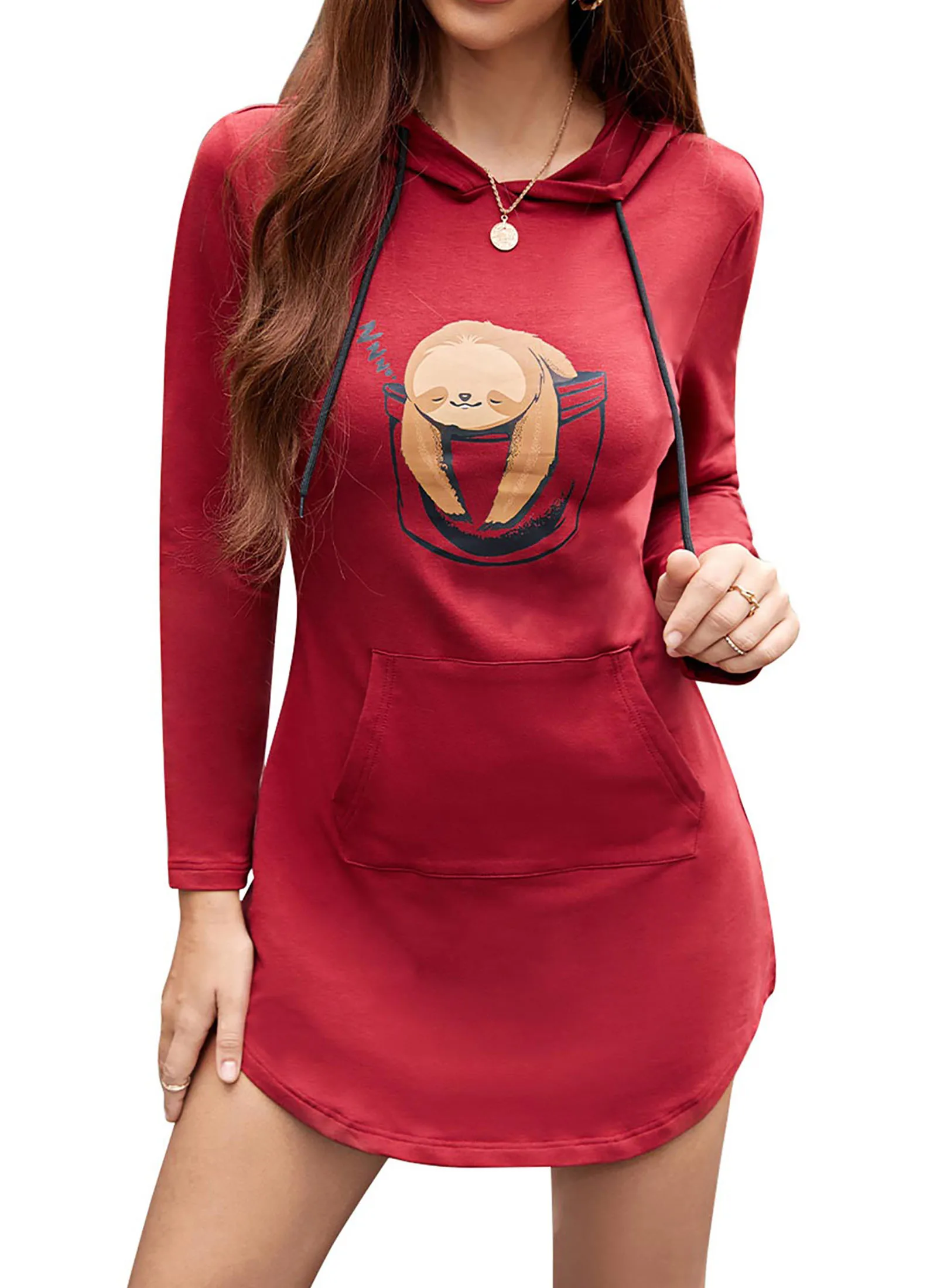 

Women’s Fashion Hoodie Dress Casual Long Sleeve Sloth Print Tunic Hooded Pullover Sweatshirt Mini Dress with Kangaroo Pockets