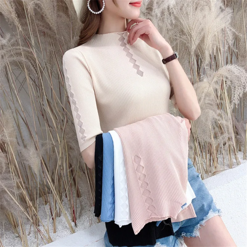 Women's Knitted Half Sleeve Solid T-shirts Girls Knitting Stretchy Turtleneck Sweater Pullovers Ice Silk Tees Top for Female 143 | Женская