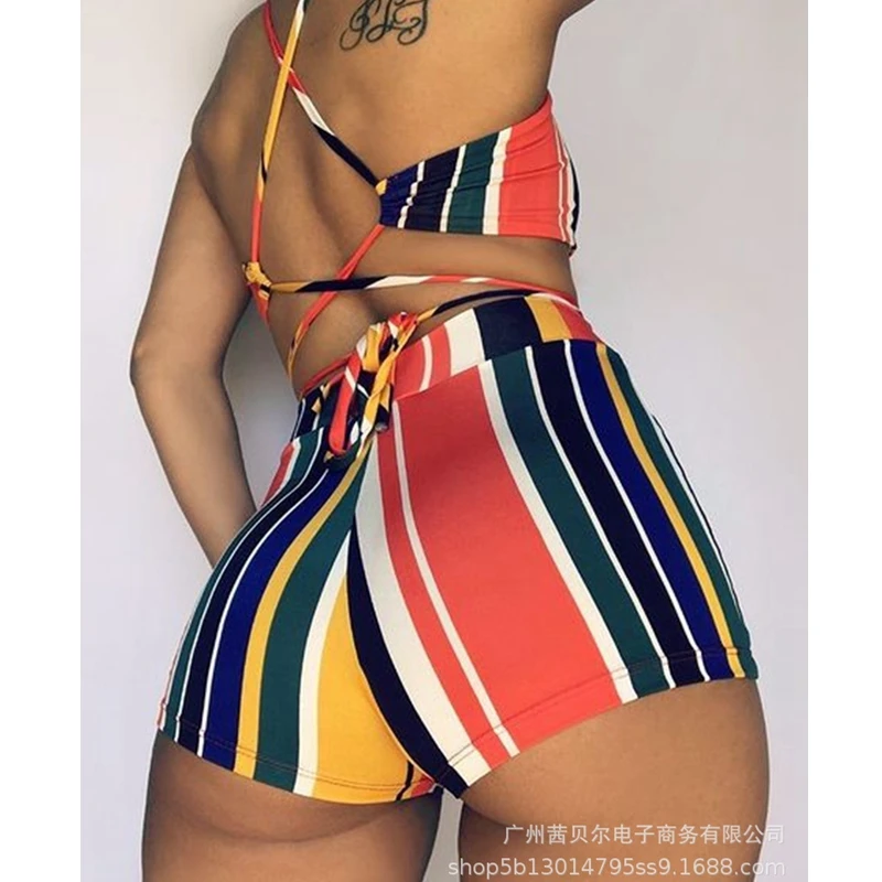 

WEPBEL Women's Sexy Striped Slim Suit Summer Fashion Bandage Lace-up Backless Top + High Waist Straight Shorts Suit