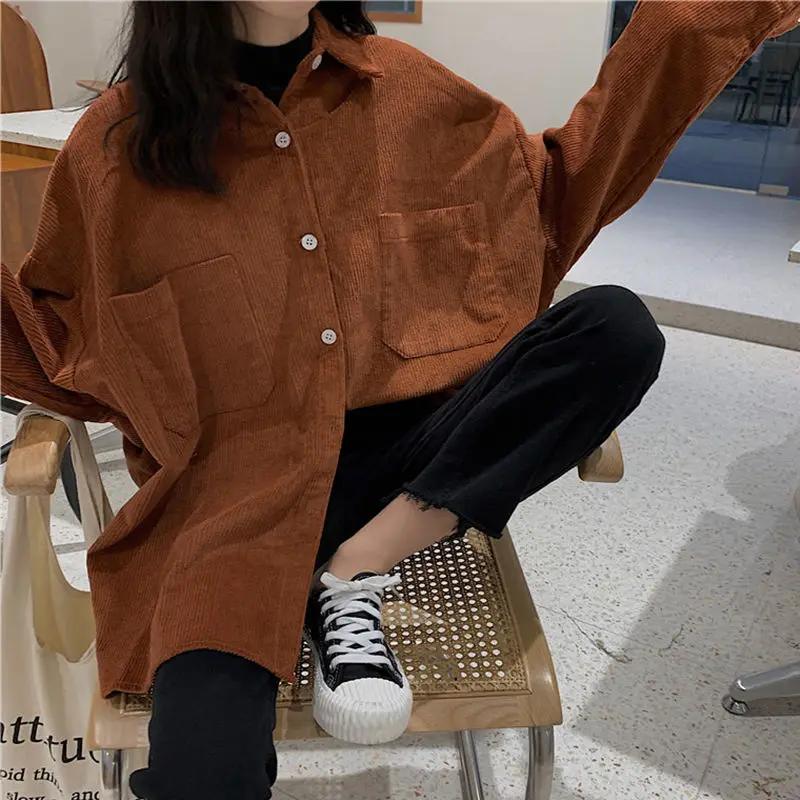 

2021 New Spring Autumn Shirts Women Solid Color Corduroy Long Sleeve Womens Minimalist Female Blouses Loose Classic Style Y405