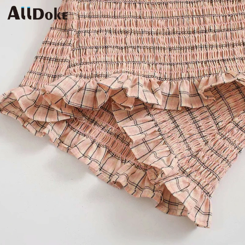 

ALLDOKE v neck ruffles plaid blouse women summer vintage lantern sleeve cross crop tops shirt sexy ladies blouses blusas femme