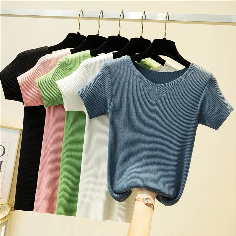 

Летние шорты Стиль женские футболки с v-образным вырезом сплошной Цвет трикотажные повседневные женские футболки льда шелка с короткими ру...