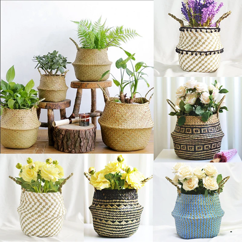 Handmade Bamboo Storage Baskets Nordic Foldable Laundry Straw Wicker Rattan Seagrass Belly Garden Flower Pot Planter Basket