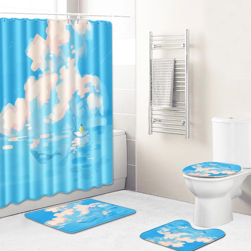 

Bath Mat and Happy Family Print Shower Curtain Set Toilet Seat Cover Mat Non-slip Foot Mat Cartoon Style Bathroom Carpet Rug