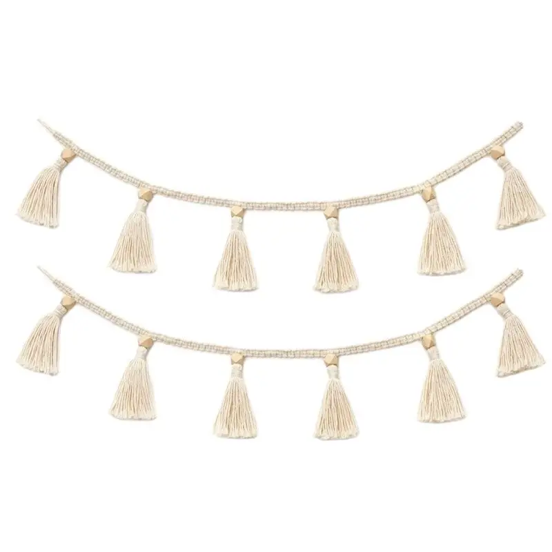 

Handmade Woven Tassel Garlands Rattan Woven Basket Boho Macrame Wooden Beads Wall Hangings Ornament Home Decoration