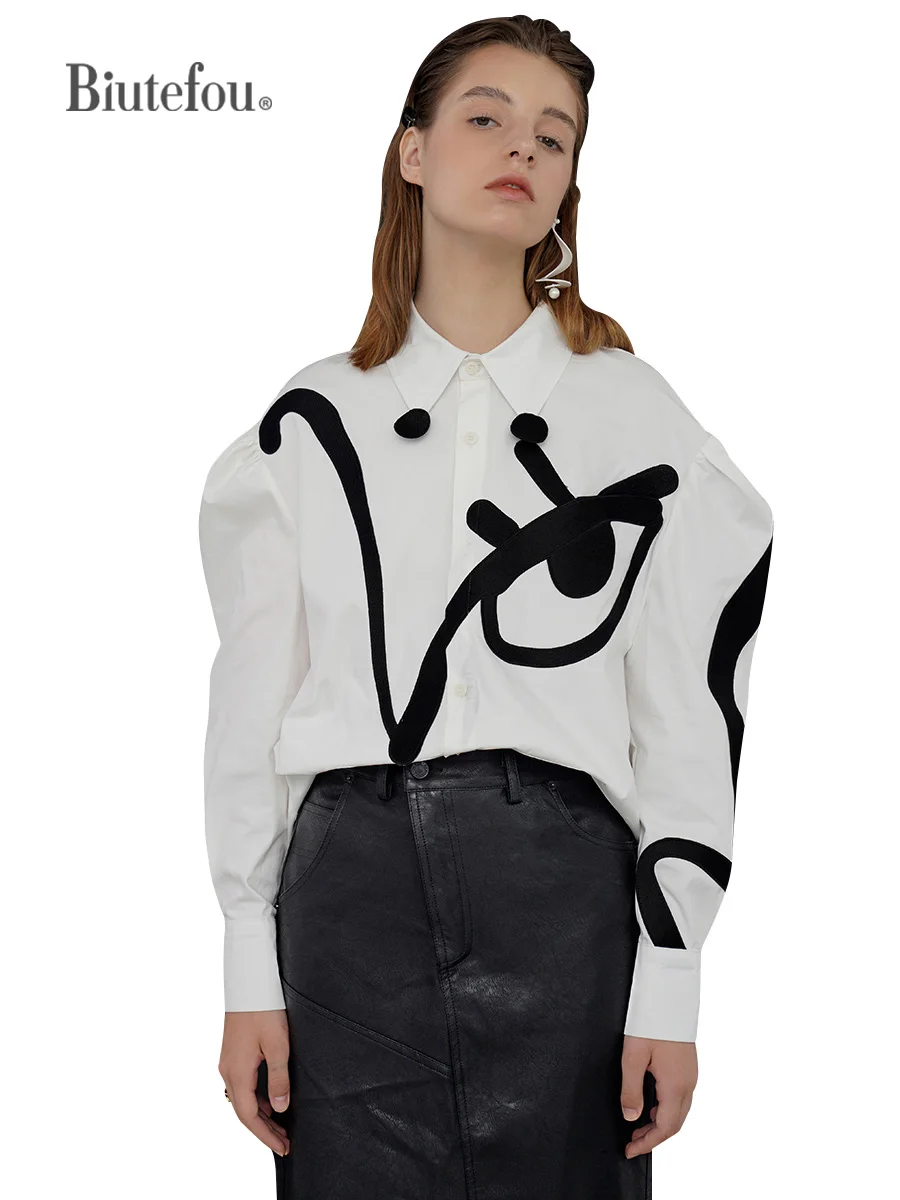 【Biutefou】Original Design 2022 Winter Women Artistic Embroidery Classic Black White Shirt