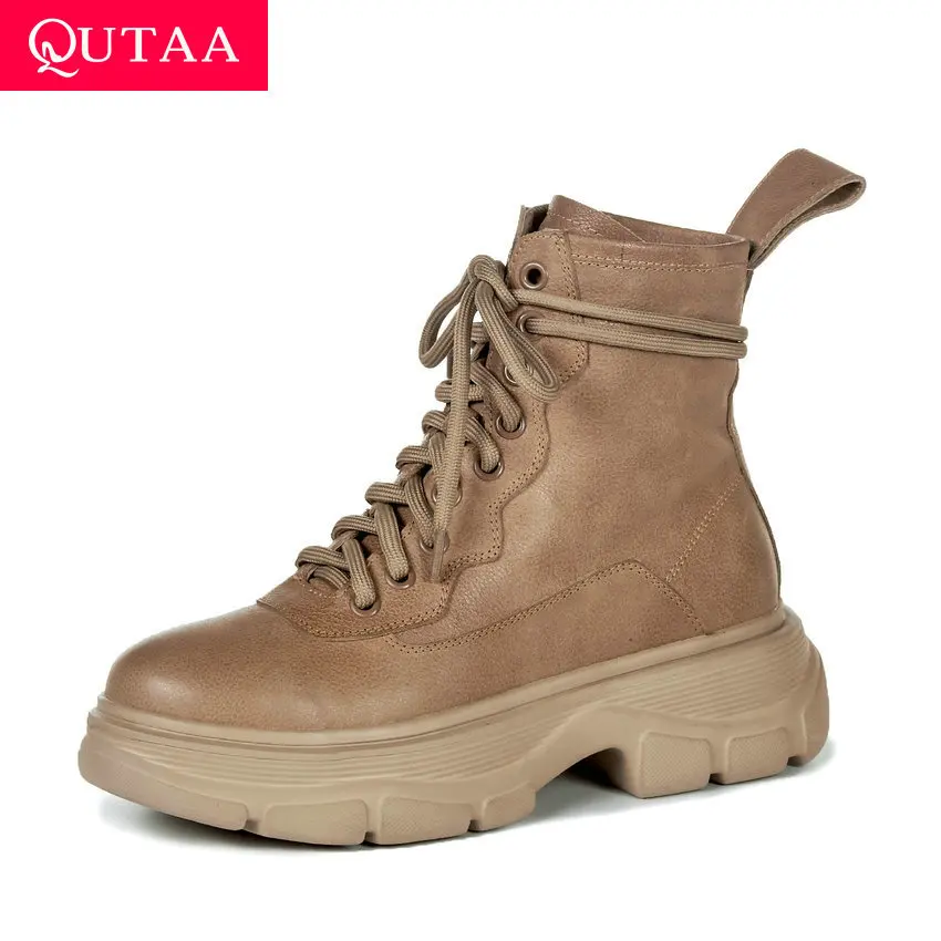 Женские ботинки из коровьей кожи QUTAA черные повседневные до середины икры на