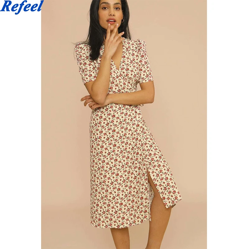 

Women V-Neck Wrap Midi Dress 2021 Spring New Floral Print Puff Sleeve Side Buttons Lace-Up Waist Dresses Ladies Holiday Robe