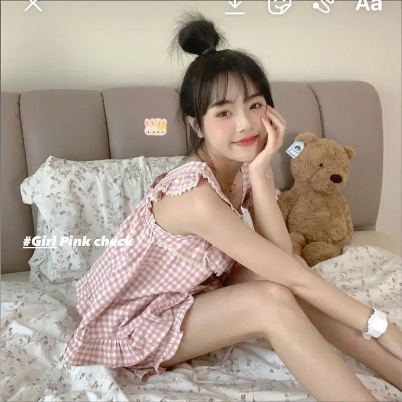 QWEEK Kawaii Plaid Pajamas for Teenager Lace Sleepwear 2 Piece Set Women Summer Suit Pijama Cute Home Clothes Pyjamas Loungwear