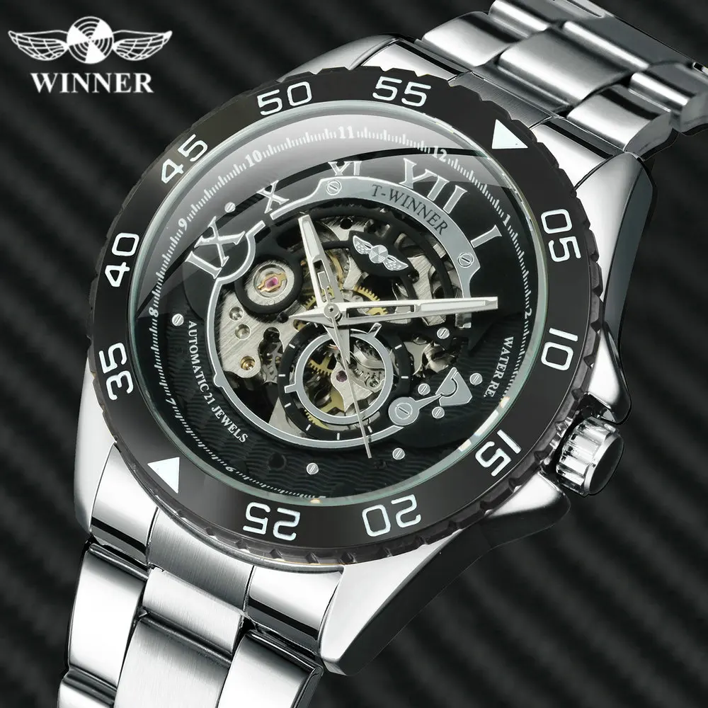 Победитель официальные автоматические часы мужские Скелет Механические Мужские