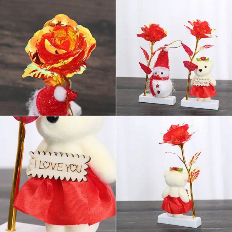 24K Gold Фольга роза цветок с длинным стеблем украшением в виде медведя