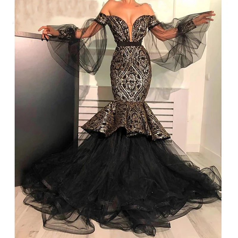 Черные Выпускные платья с юбкой-годе от кутюр открытыми плечами золотые