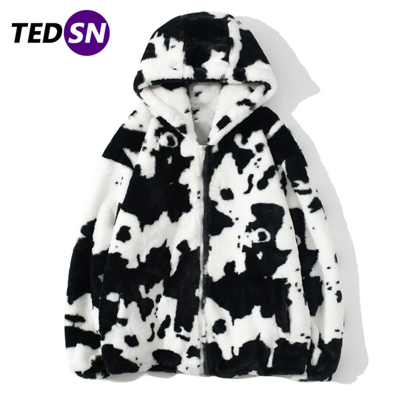 Мужская Уличная одежда кардиган на молнии с коровьим принтом пальто капюшоном
