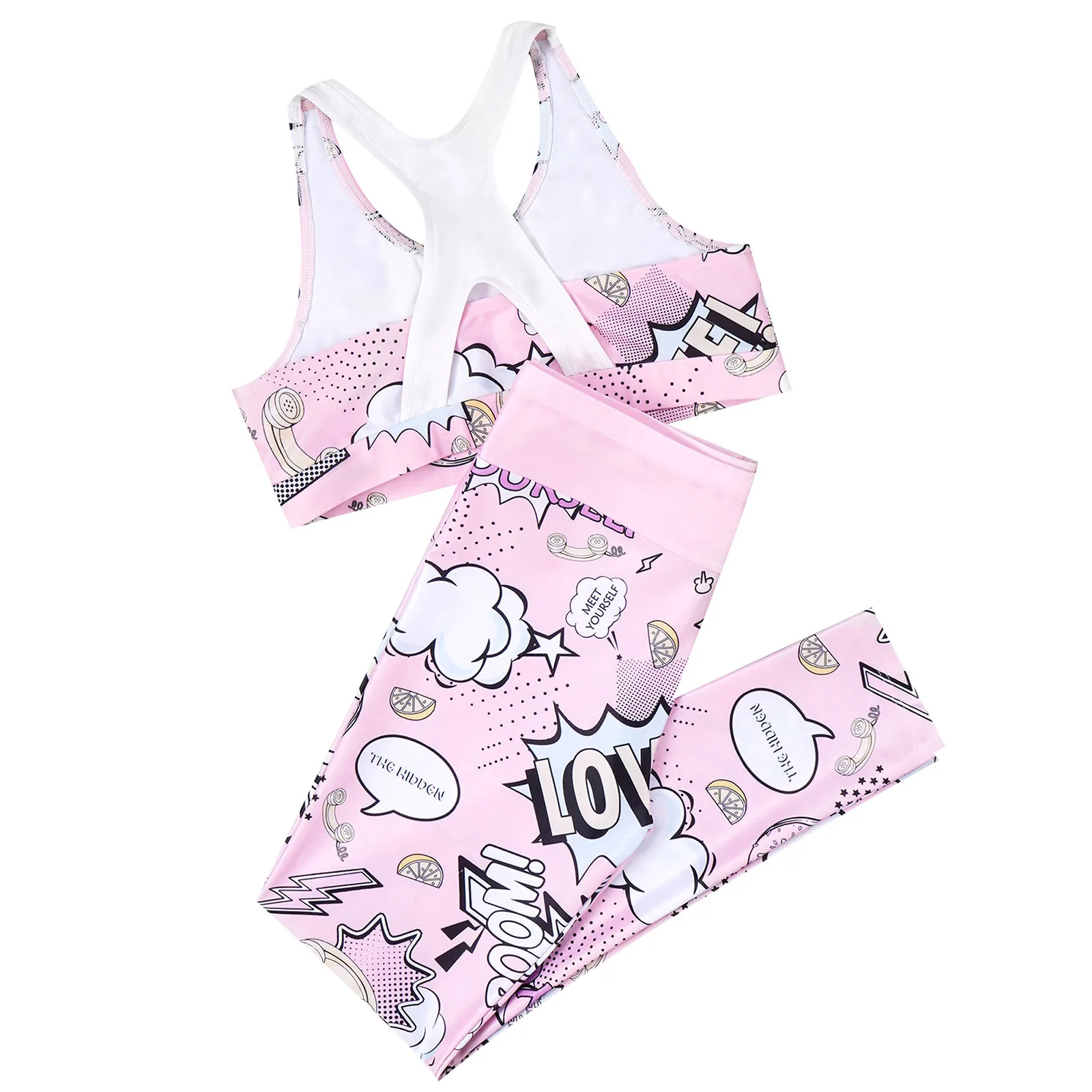 Children Girls Printed Cartoon Sportswear Crop Tank Top Long Pants 2 Pcs Yoga Sets Tracksuit Kids Ballet Gym Workout Clothes