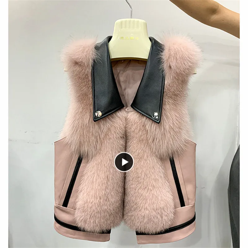 FURSARCAR New Real Natrual Fox Fur Vest Genuine Leather Short Sleeveless Fur Waistcoat Women Winter  Sheep Skin Fox Fur Gilet