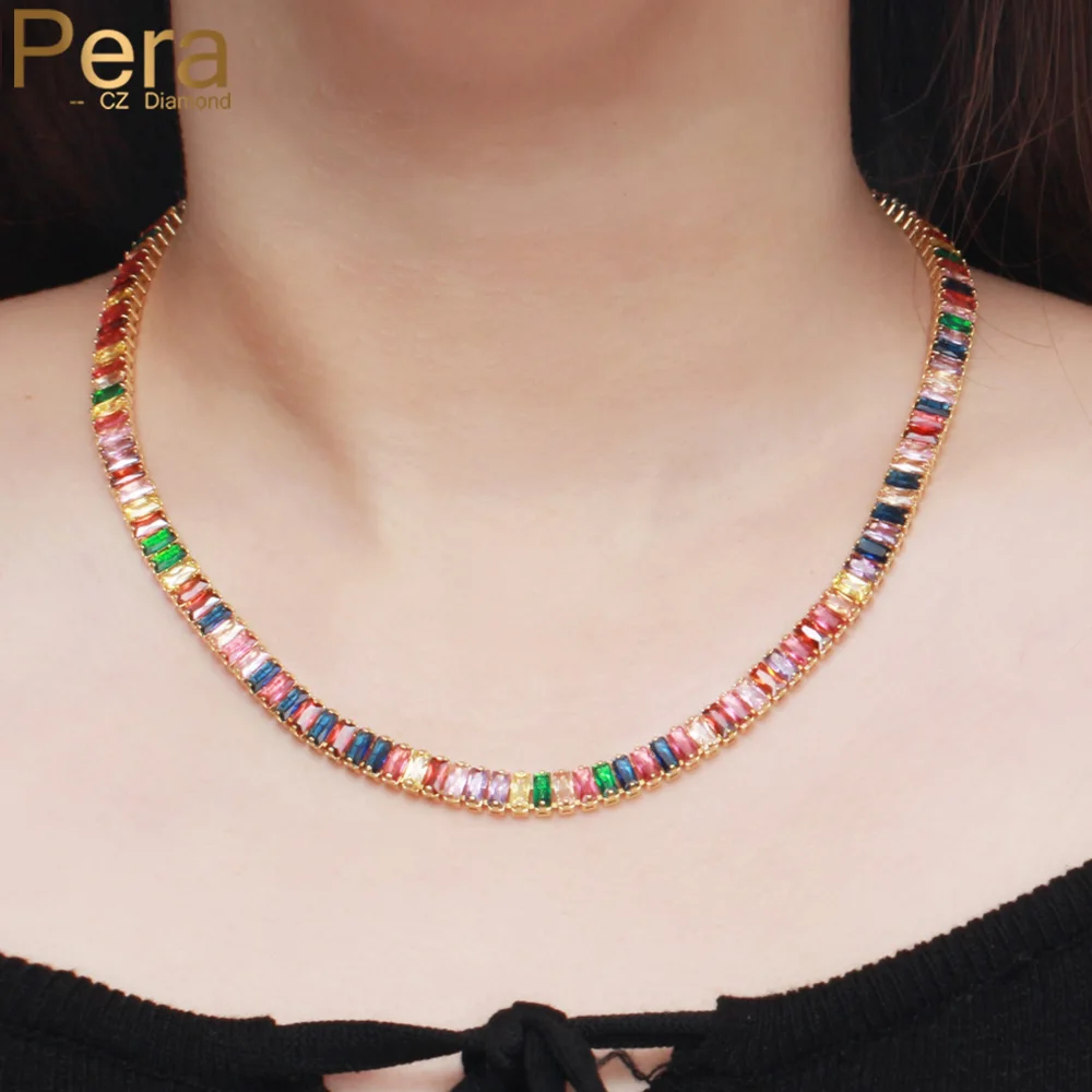 Pera Shining Multiple Rainbow CZ Rectangle Chain Link Gold Colour Round Chocker Necklace for Women Bohemia Crystal Jewelry P023