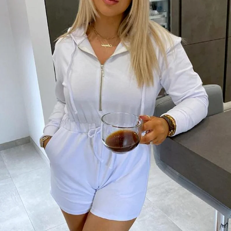 

Elegant Ladies Jumpsuit Autumn Sweater Ladies Hooded Zipper Waist Jumpsuit Slimming Strappy Hip White Jumpsuits for Women 2021