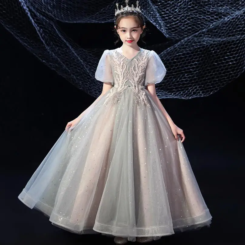 

Высококачественное детское вечернее платье принцессы с блестками и бисером, детское подиумное свадебное платье для дня рождения, красивое ...