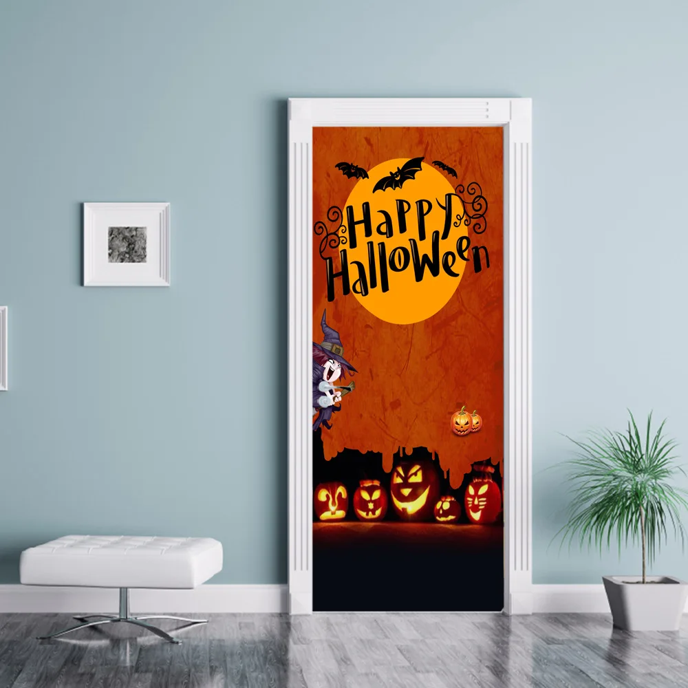 Красная Ночь Луна тыквы фонари Хэллоуин дверные наклейки DIY домашний декор