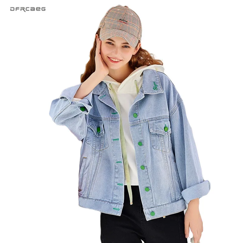 Женская джинсовая куртка на пуговицах базовая винтажная Свободная с длинным