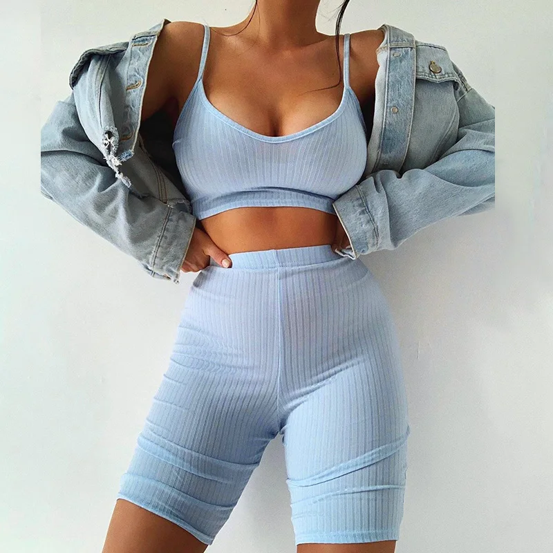 

LALUMAI summer sports sling shorts suit women's solid color home fitness gym two-piece suit 2021 Casual Suit Two Piece Set
