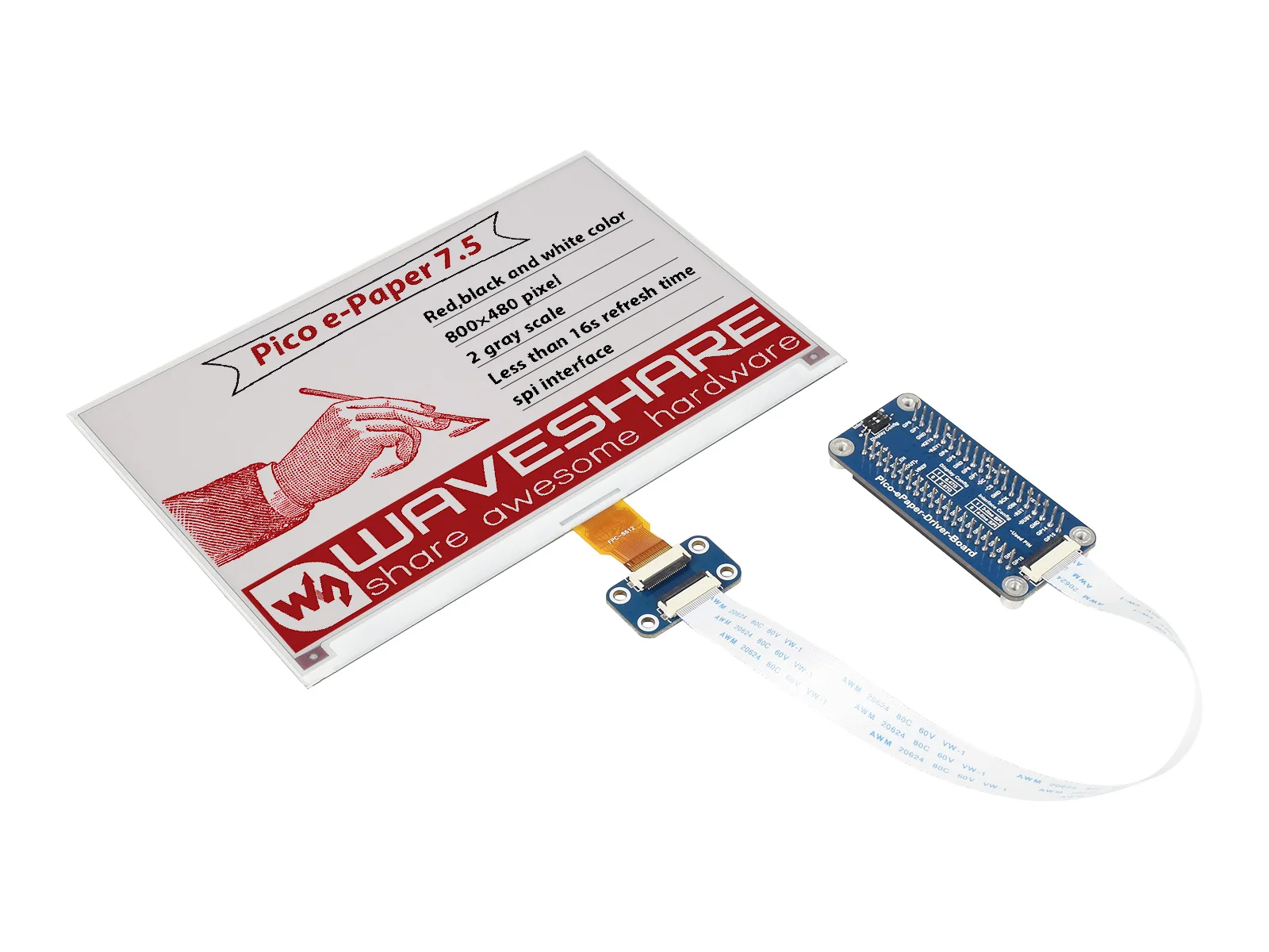 Фото Waveshare 7,5 дюймовый E-Paper E-Ink дисплей модуль (B) для Raspberry Pi Pico, 800 × 480, красный/черный/белый, SPI №1