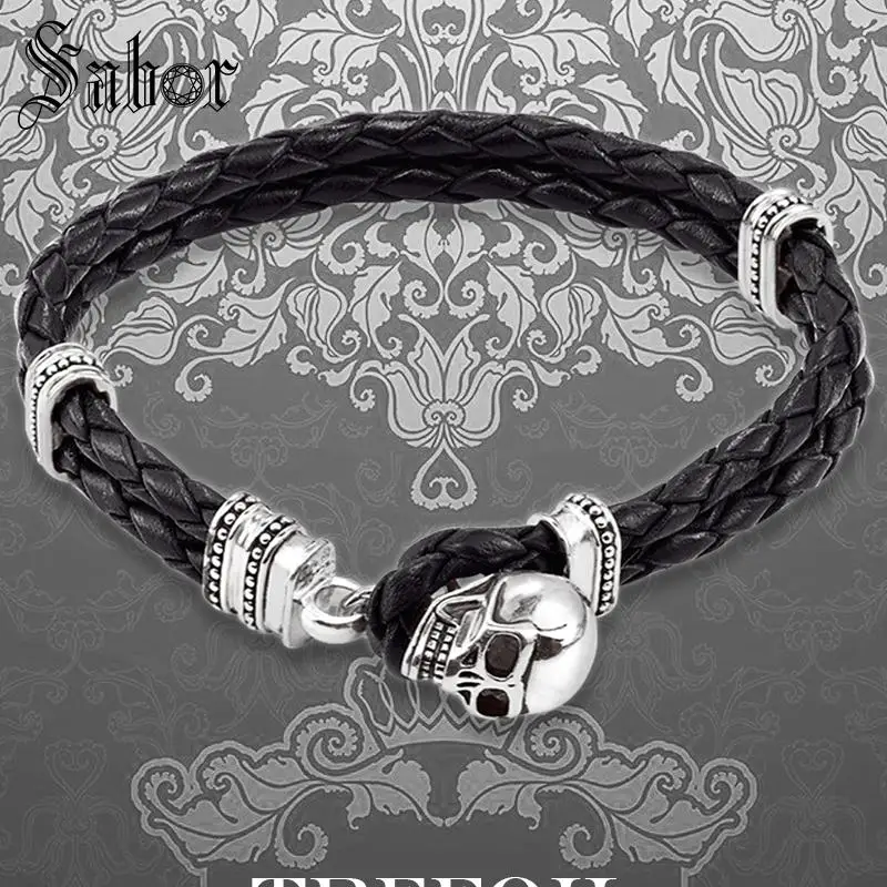 Браслет из плетеной кожи с черепом и тумблером новинка Серебряное ювелирное