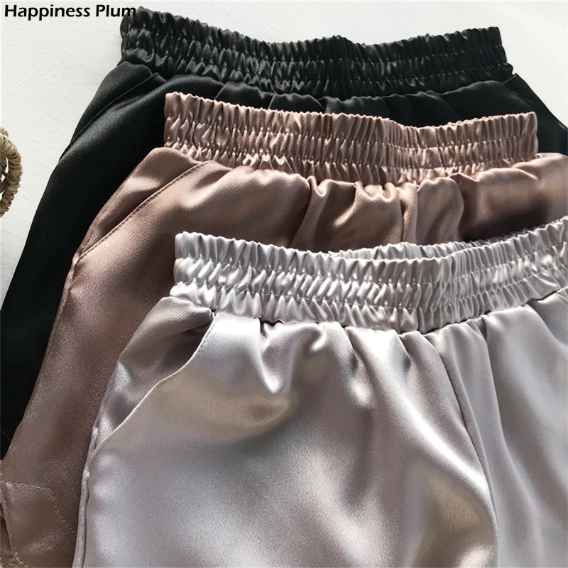 

Summer Casual Women Bottoms Women Satin Shorts Faux Silk Hot Shorts Shiny Glitter Wide Leg Short Trouser Mid Waisted