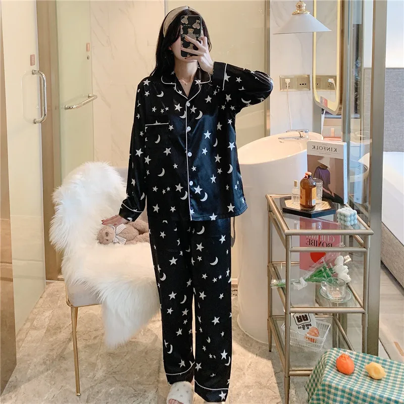 Пижамный комплект Женский атласный Шелковый пижамный с длинным рукавом и