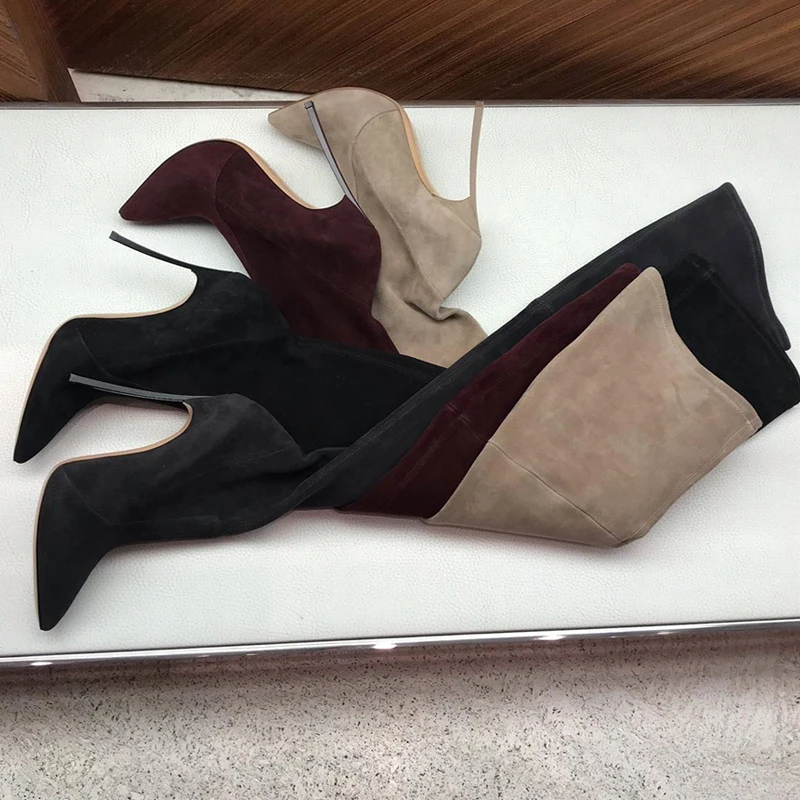 Ботфорты женские замшевые стрейчевая ткань на тонком высоком каблуке пикантные