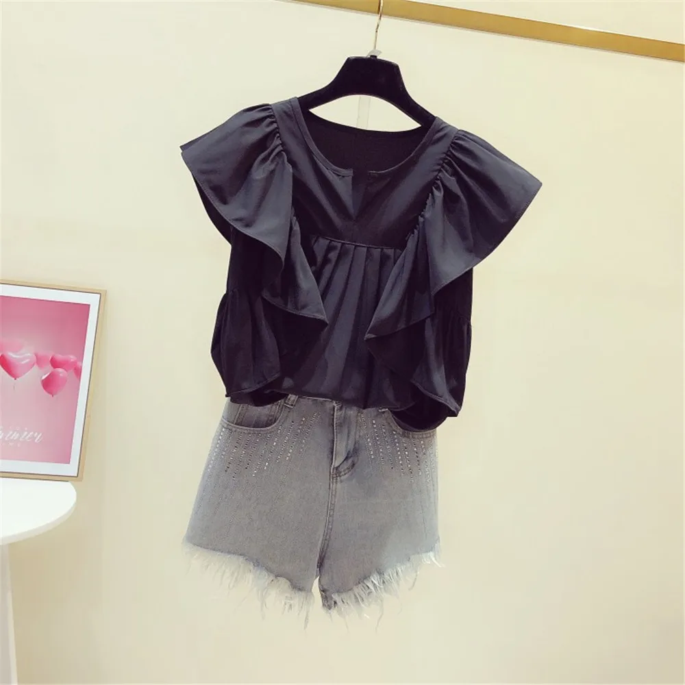 

Sweet Women Ruffle Sleeve Blouse Tops Summer Korean Style 2020 Plain Female Shirts Tops Office Lady Work Tops Blouses