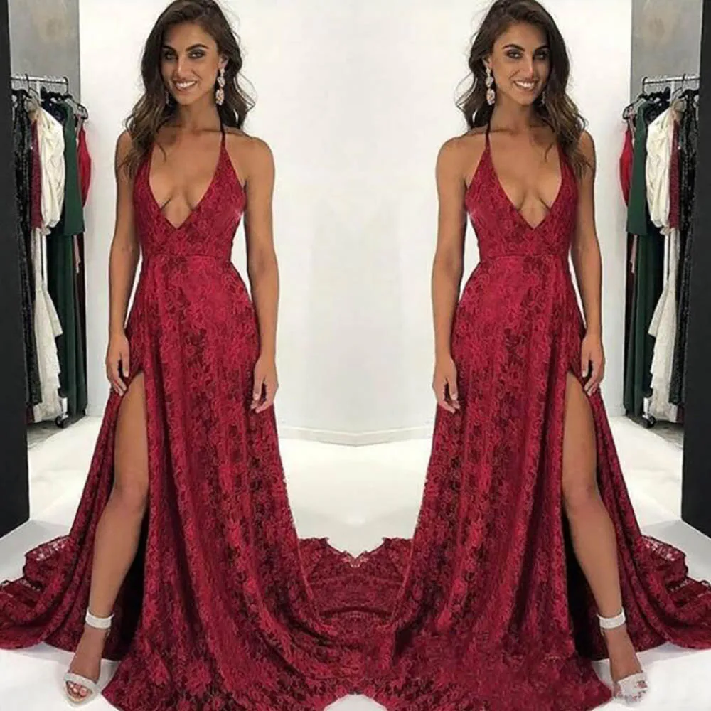 

New Evening Dresses A Line V-Neck Thigh-High Slits Sleeveless Sweep Train Lace Custom Prom Party Gown