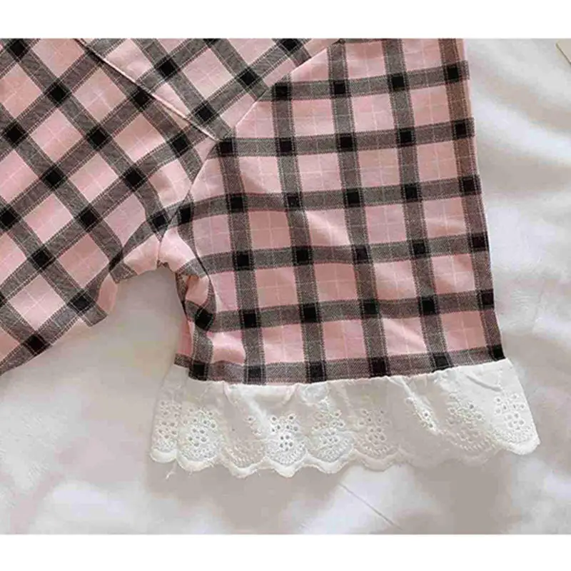 Летние Ночные сорочки женское милое квадратное ночное белье в клетку кружевное