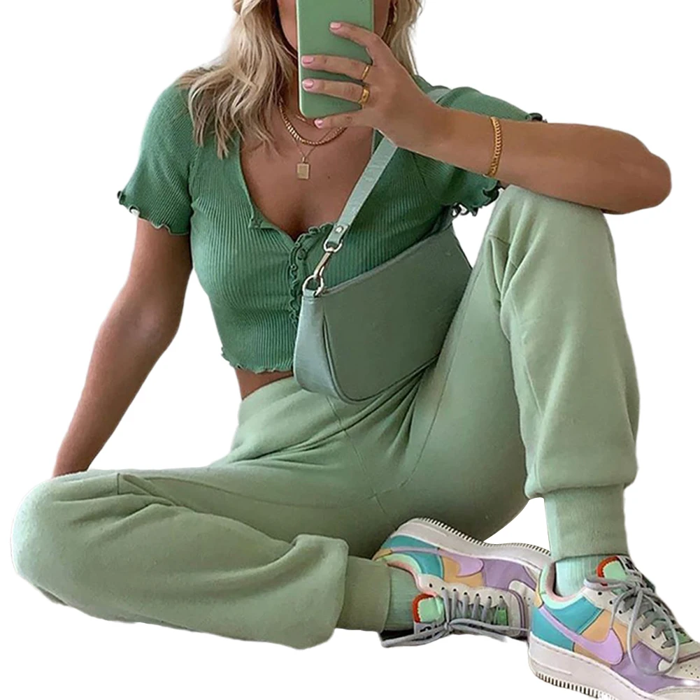 Женская Однотонная футболка с V образным вырезом и высокой талией|Футболки| |