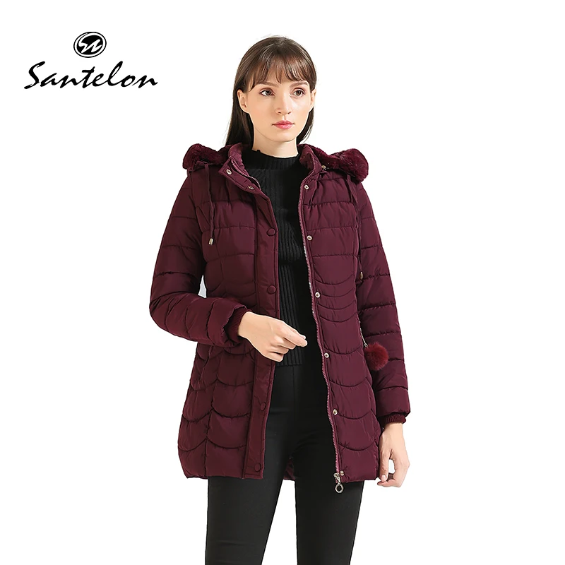 SANTELON Women Winter Warm Parka Coat With Fur Ball Fluffy Fur Hood Female Outdoor Long Padded Cotton Clothing Plus Velvet