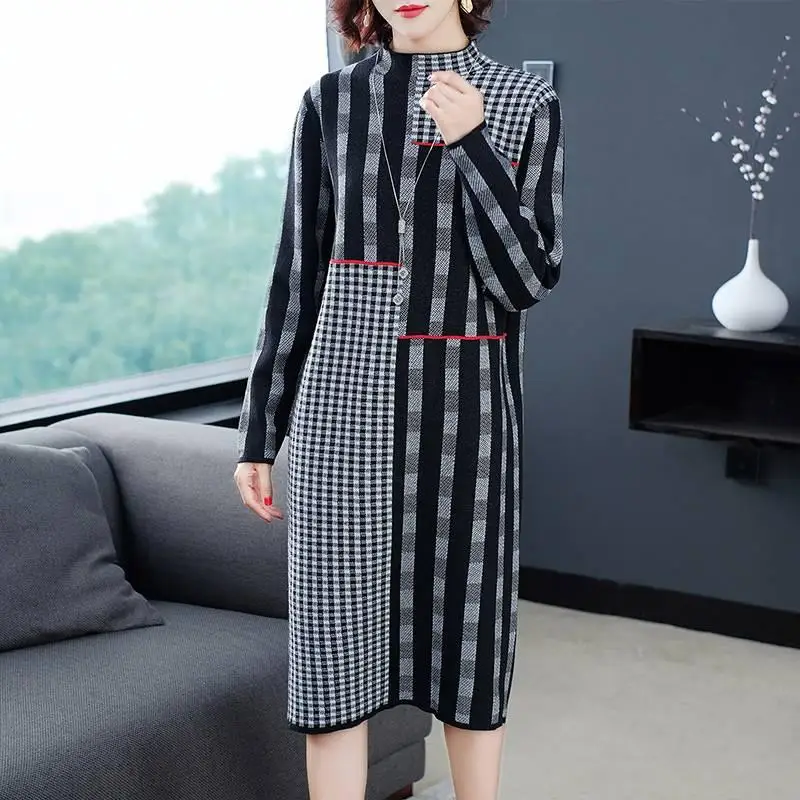 Женское вязаное платье свитер с круглым вырезом длинным рукавом|Женские платья| |