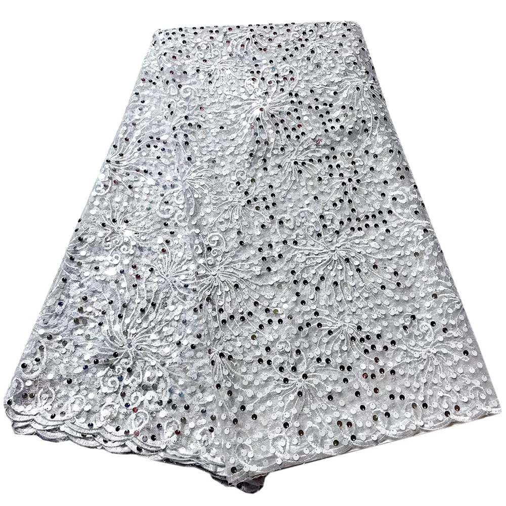 

white African Lace Fabric High Quality Lace Bridal Lace Purple Green Fabric With Sequins embroidery Tulle Mesh Lace Fabric XS9