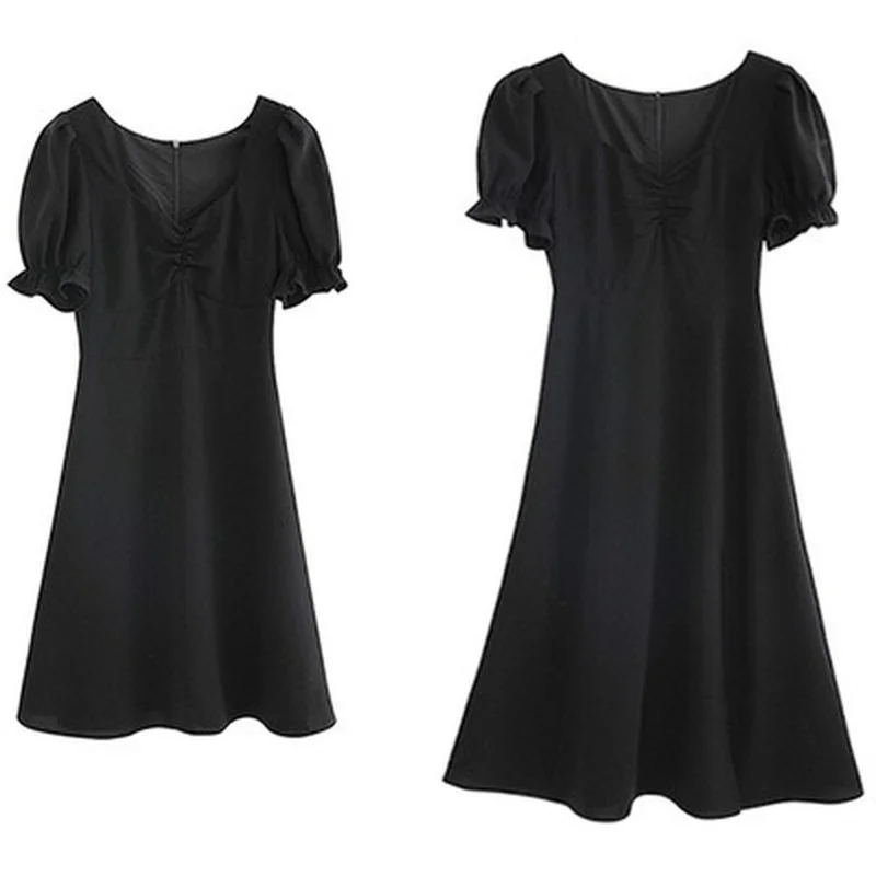 

Skirt New Summer Fat Mm Plus Size Black A-line Skirt Waist Slimming French Bubble Sleeve Dress