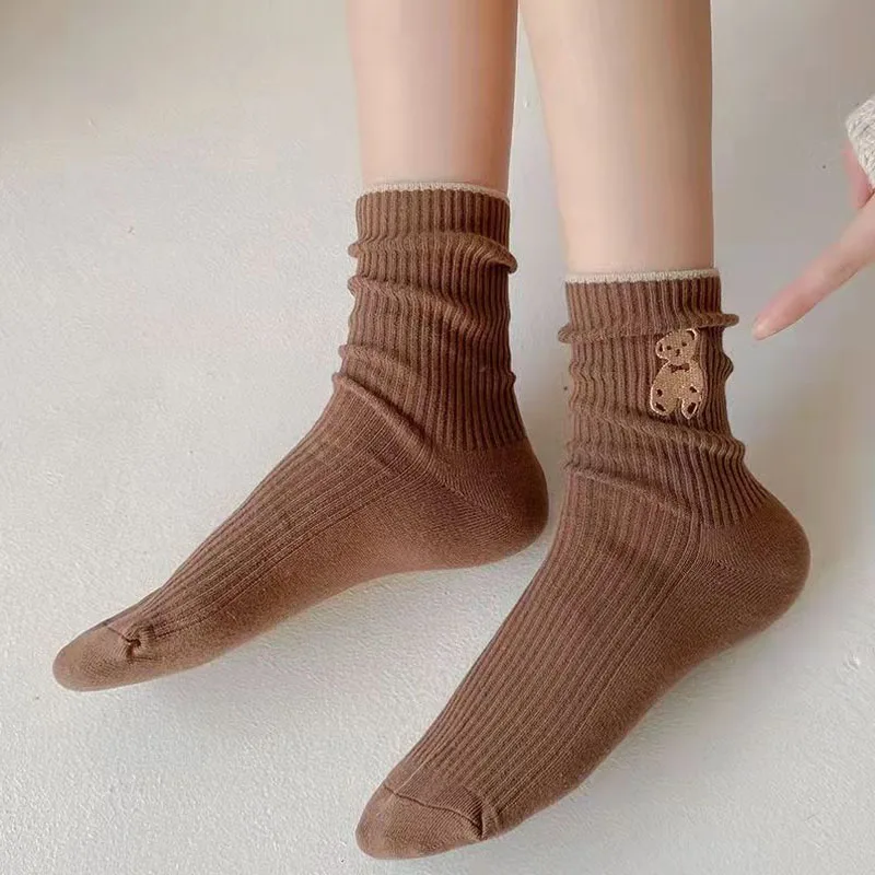 

Korean Cartoon Bear Embroidery Women's Autumn and Winter Four Seasons Socks Woman Cotton Socks Japanese Fashion Medium Tube Sox