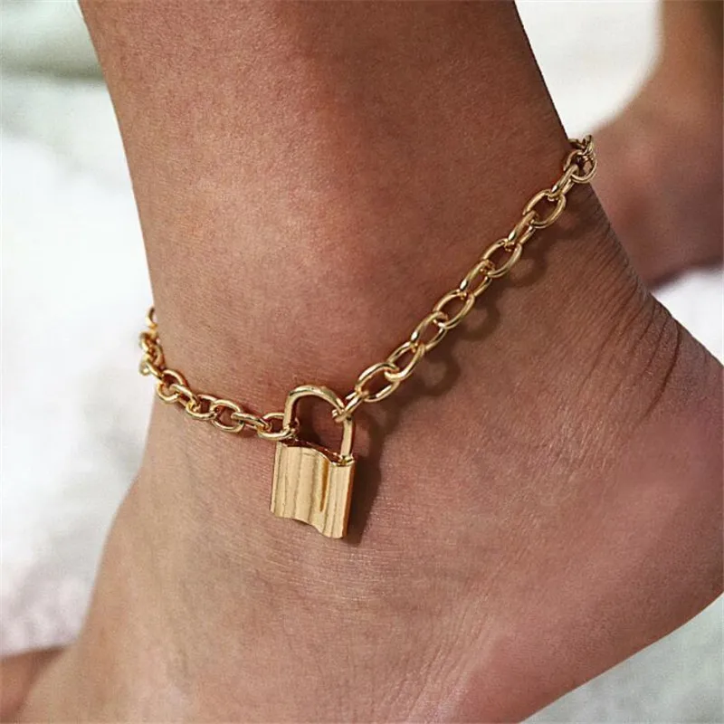 Женские браслеты на лодыжку винтажные с золотым замком в минималистичном стиле