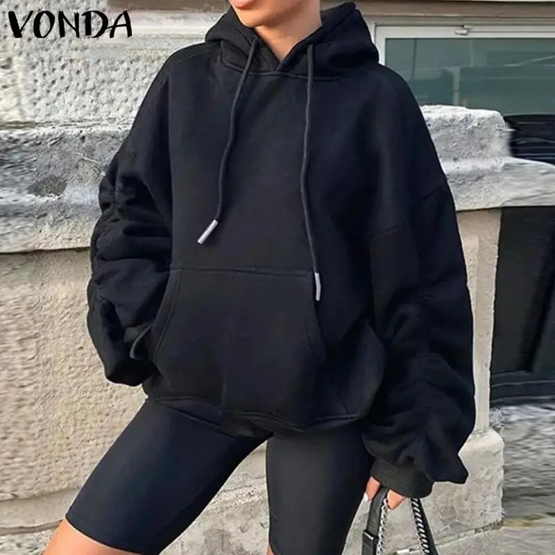

Loose Sweatshirts 2021 VONDA Autumn Long Sleeve Women Solid Baggy Hooded Sweatshirts Femininas Hoodies Streetwears Female