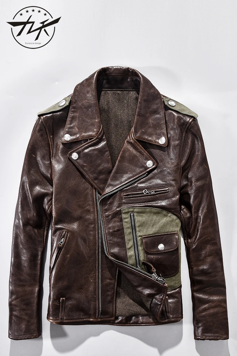 

2021 men's vintage genuine rivet Diagonal zipper slim fit ltaly leather coat men patchwork moto biker jacket male