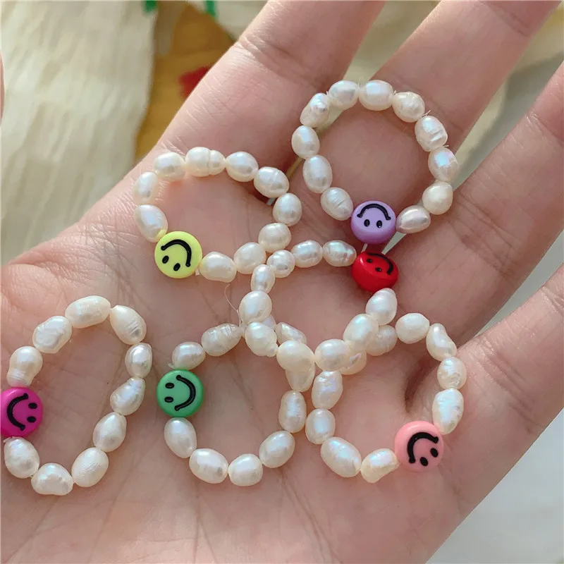 2021 New Colorful Smiley Freshwater Pearls Handmade Beads Adjustable Elasticity Ring for Women Party Summer Hot Jewelry